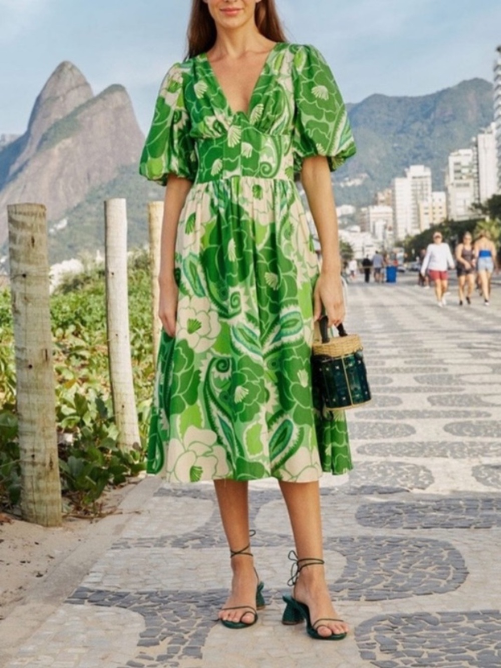 Farm Rio Green corset V-Neck Puff-Sleeve Midi Dress size small